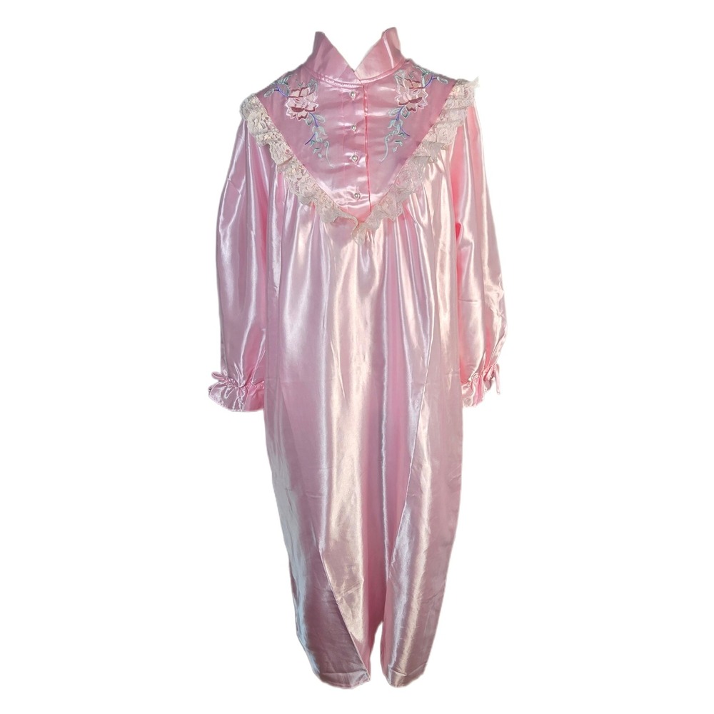 80/90s VTG Chance Encounters Pink Satin Floral Embroidered Lace Nightgown Size S